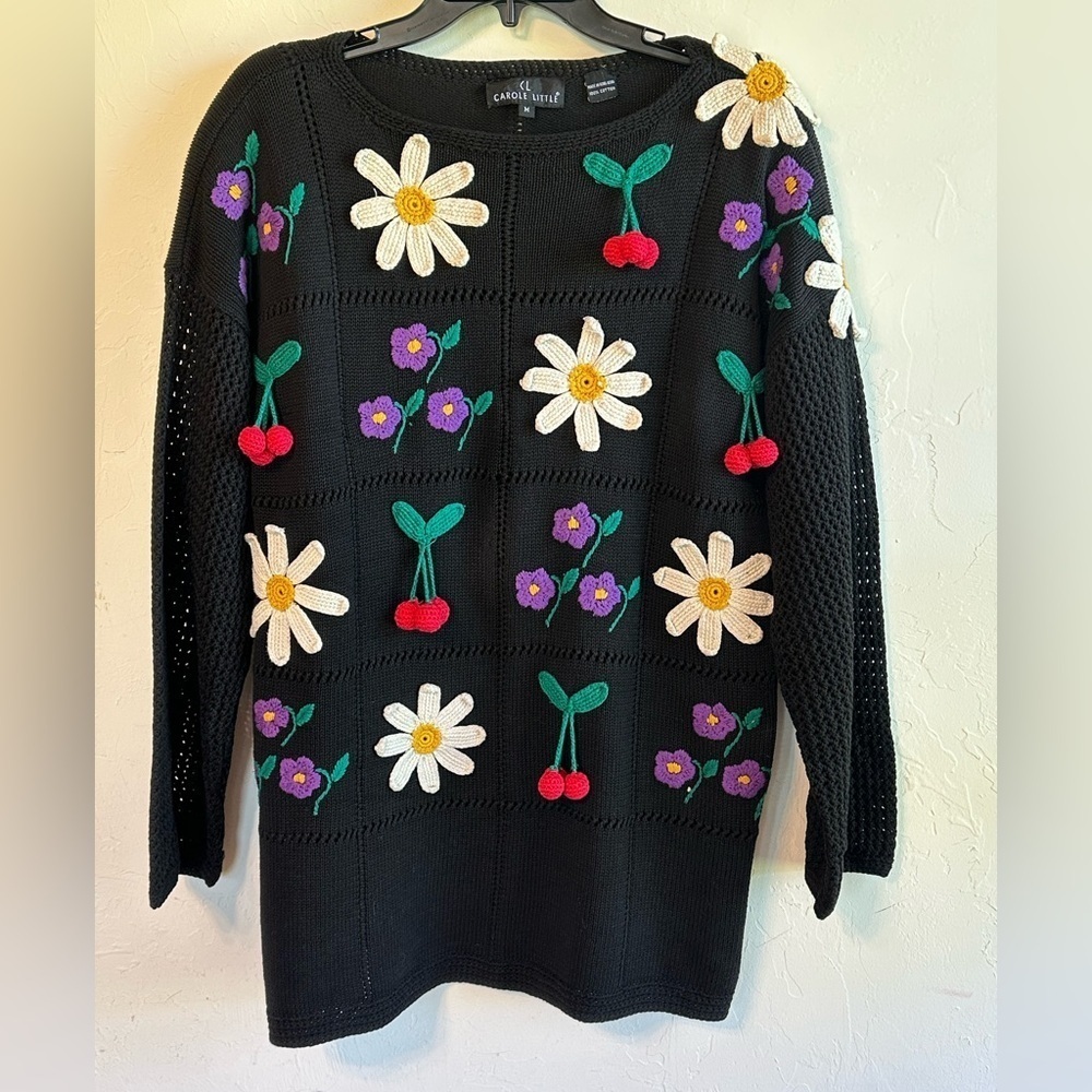Vintage Carole Little Black/Multi 100% Cotton Floral Hanging Cherries Sweater